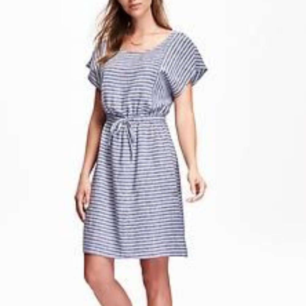 Seersucker Striped Linen Dress with Tie Waist